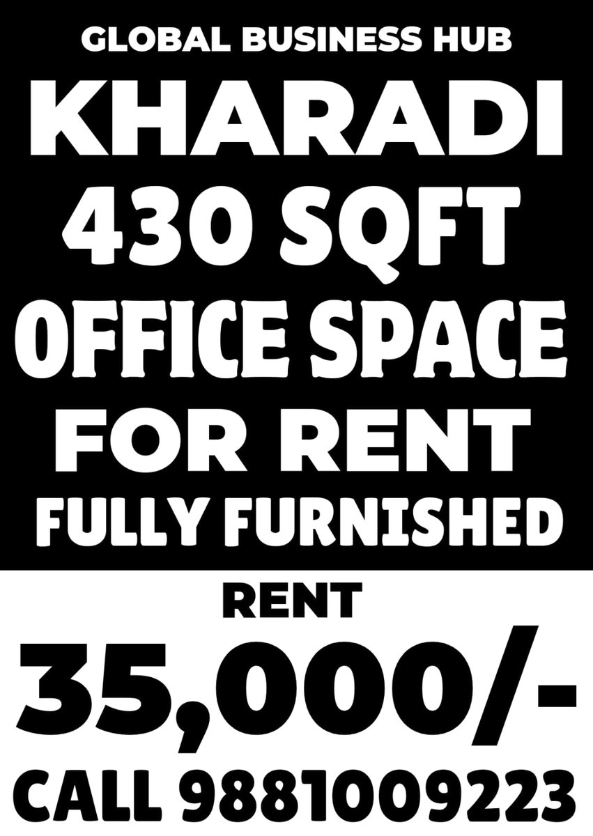 GLOBAL BUSINESS HUB KHARADI 430 SQFT OFFICE SPACE FOR RENT FULLY FURNISHED RENT 35,000/- CALL 9881009223

#KharadiOfficeSpace #FullyFurnished #GlobalBusinessHub #PrimeLocation #OfficeForRent #BusinessOpportunity #HighNetworth #PuneCommercial #OfficeSearch #ProfessionalSpace #