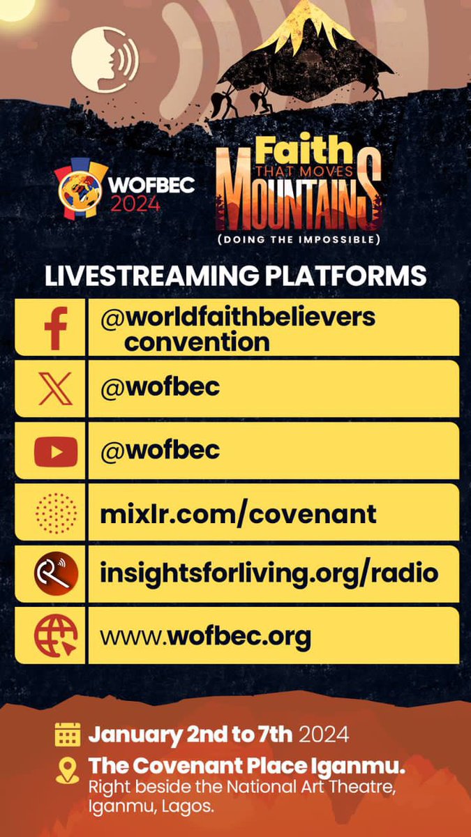 YinkaOd's tweet photo. WOFBEC 2024 starts in 4 days.

JAN 2–7
Attend Onsite at The Covenant Place Iganmu, Lagos.
OR stream on YouTube, Facebook, Mixlr, @mycovenantradio

#RoadToWOFBEC2024
@WOFBEC https://t.co/mdkoPzj6AV