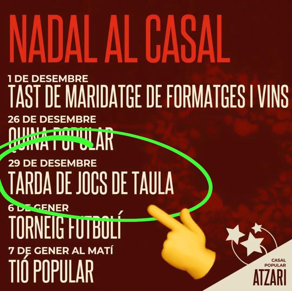 AvuiNoBridge's tweet photo. Avui ens trobarem al @cpatzari per divertir-nos i passar una tarda de #JocsDeTaula en bona companyia! 

🗓️ Avui.
🕕 18:00 hores.
📍 CP. Atzari: Pg. dels Pins s/n, Vilassar de Mar.

🎲 ANIMEU-VOS I VENIU A JUGAR! https://t.co/qfcw5vyTHi