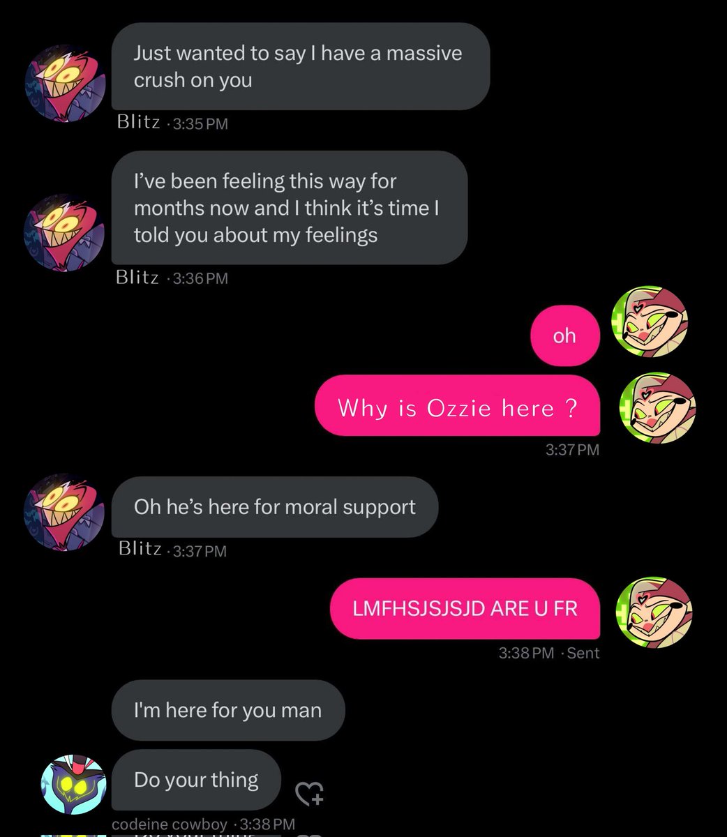 FoolishRacclown's tweet photo. Blitz has been crushing on Fizzarolli since they were five, He's been on a long journey and Ozzie respects his rizz. He wants to see Blitz win.
#Fizzarolli #fizzarozzie #BlitzFizz #helluvaboss #Blitzø #blitzfizzarozzie https://t.co/ptiAFf1GnC