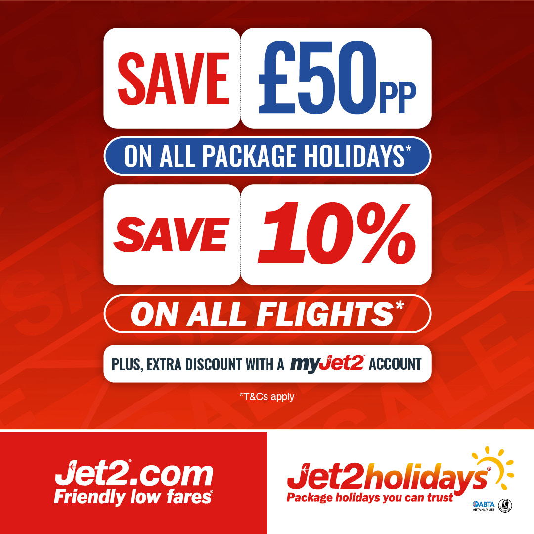 Save £50pp* on all package holidays and 10%* on all flights with @jet2tweets Choose from 50+ destinations with thousands of free child places!^ Book holidays 👉 ow.ly/wtIi50Qmv09 Flights 👉 ow.ly/URnl50Qmv0b *T's&C's apply. ^Subject to availability.