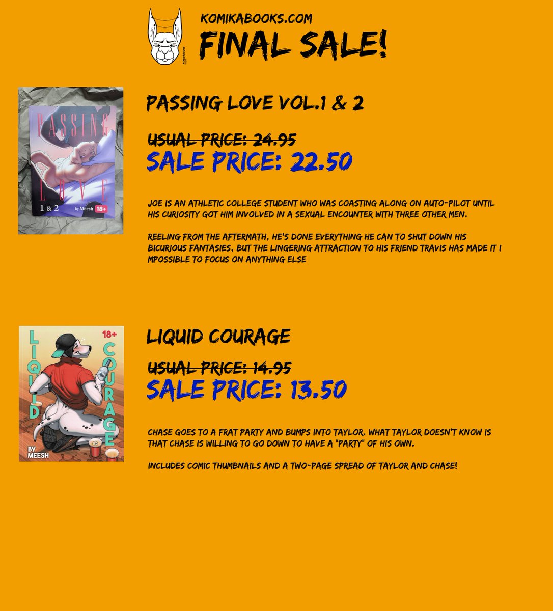 Next up is from <a href="/mushymeesh/">🔞 Meesh</a> with Passing Love vol.1 and 2 and Liquid Courage!

You won't get these prices anywhere. 
Come help us clear our stock! 

komikabooks.com