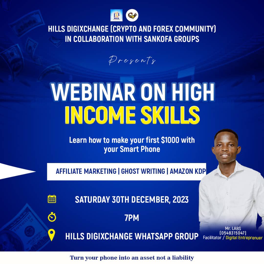 gamey_mawuli's tweet photo. *Do you want to make your 1st $500 💸 online using your Smart Phone?* 🤔🤔

HILLS DIGIXCHANGE in collaboration with Sankofa Groups is organizing a one day webinar training on High Income Skills.

*GHOSTWRITING, AFFILIATE MARKETING and AMAZON KDP*
Join Now, Group is getting full 👇🏼👇🏼

https://t.co/lZ6tpODBI0