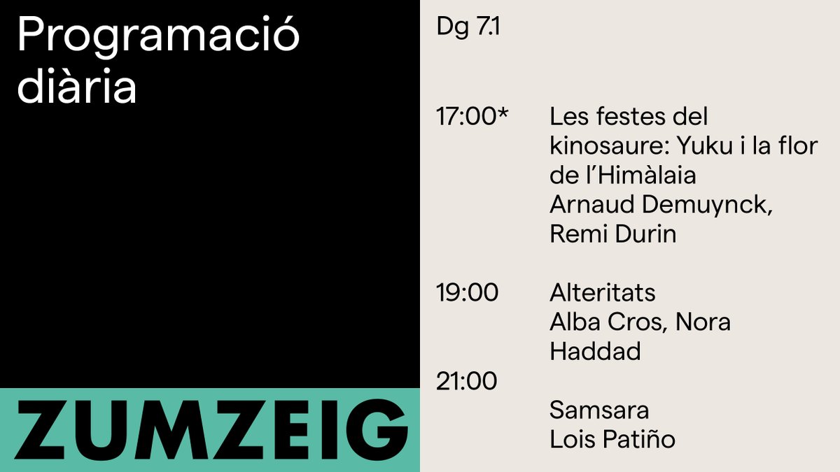 ZumzeigCinema's tweet image. Avui al #Zumzeig!🎬

#YukuILaFlorDeLHimàlaia Una història d'aventures acompanyada d'animació musical.🎶

#Alteritats Un recull de la veu de diferents vivències lèsbiques, residents a Catalunya.💌

#Samsara El viatge que fa l'ànima d'un cos a un altre.🌬️

🎟️bit.ly/3rBezuG