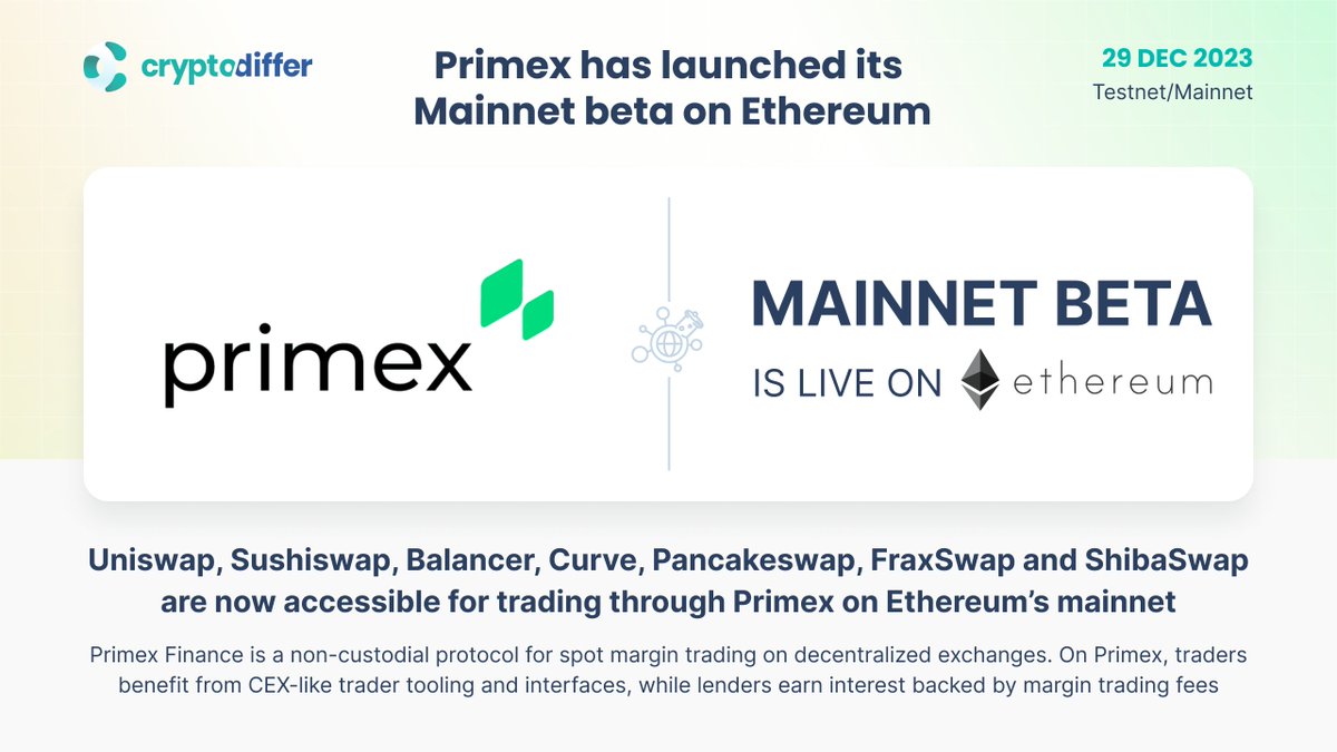 ❗️@Primex_official $PMX has launched its Mainnet beta on #Ethereum #Uniswap, #Sushiswap, #Balancer, #Curve, #Pancakeswap, #FraxSwap and #ShibaSwap are now accessible for trading through Primex on Ethereum’s mainnet. 👉 x.com/primex_officia…