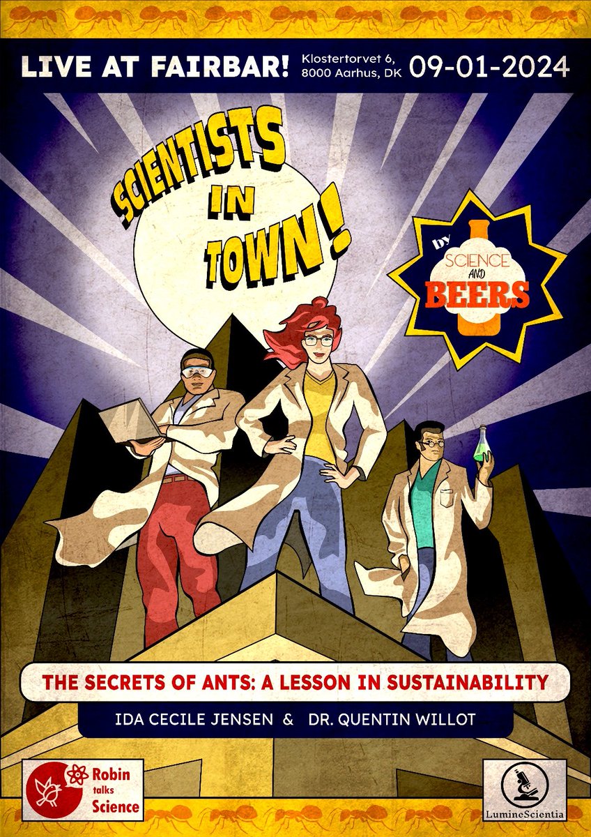 Robin Bonné (@bonnerobin) on Twitter photo Science and Beers is coming to Aarhus,DK 🤩 👩🔬… a series of science pub nights, full of juicy stories, improv theatre and beautiful illustrations by <a href="/LumineScientia/">Matteo Tucci</a> (check the poster).
In the first edition we'll dig into the wonderful world of ants.
09/01 in Fairbar! Science and Beers is coming to Aarhus,DK 🤩 👩🔬… a series of science pub nights, full of juicy stories, improv theatre and beautiful illustrations by <a href="/LumineScientia/">Matteo Tucci</a> (check the poster).
In the first edition we'll dig into the wonderful world of ants.
09/01 in Fairbar!