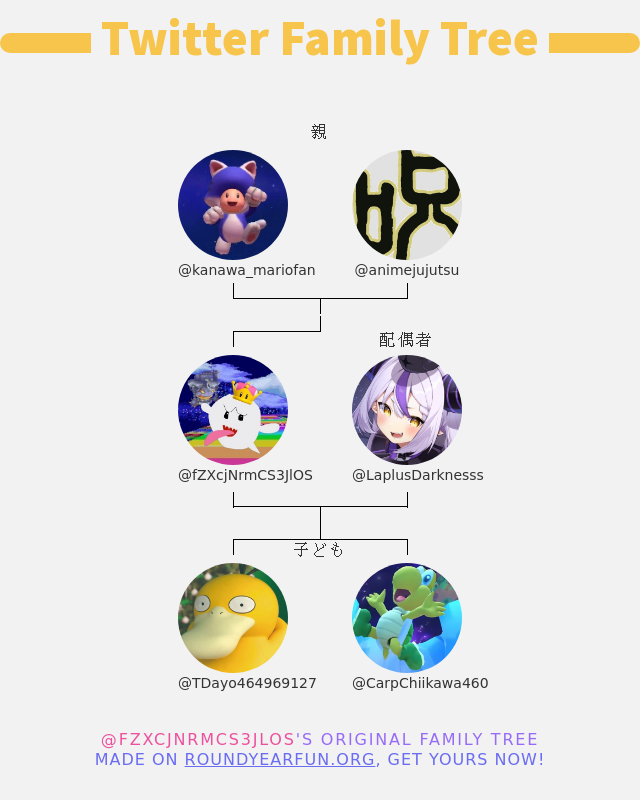 👨‍👩‍👧‍👦 私のTwitter家族:
👫 親: @kanawa_mariofan @animejujutsu
👰 配偶者: @LaplusDarknesss
👶 子ども: @TDayo464969127 @CarpChiikawa460

➡️ funxgames.me/twitterfamily?…