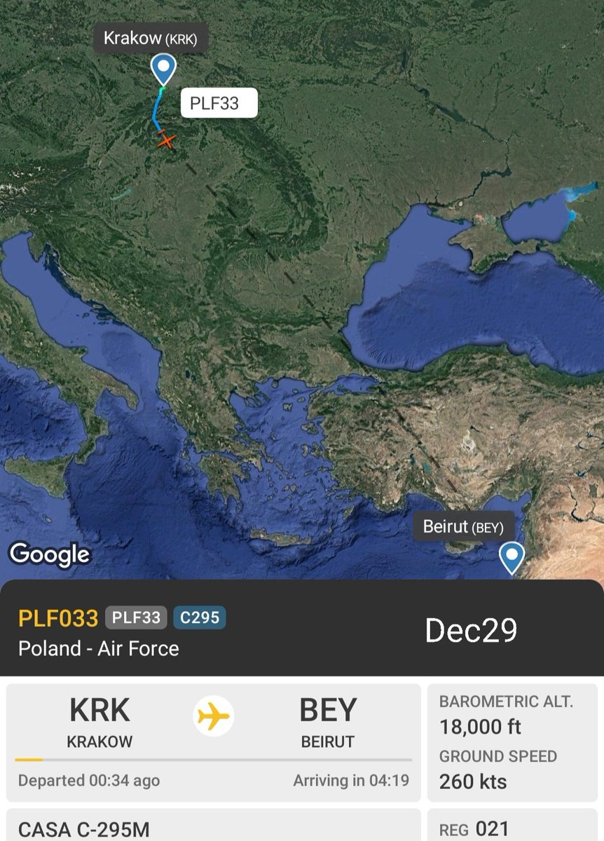 LebanonJets's tweet photo. Military: #Poland Air Force Casa 295 021 as #PLF33 hex #48D84B on the way to #Beirut from #Krakow to spend 1 night https://t.co/4W8l24tQIF
