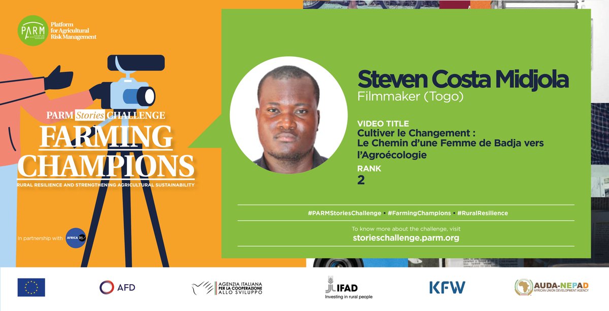 🎥🟡 #LumièreSur <a href="/StevenMidjola/">Steve Costa MIDJOLA</a>, le gagnant de la 2ème place du #PARMStoriesChallenge.

Découvrez sa vidéo « Cultiver le Changement : le Chemin d'une Femme de Badja vers l'Agroécologie » et suivez le parcours inspirant de Da Ama, une agricultrice déterminée, vers l’utilisation de