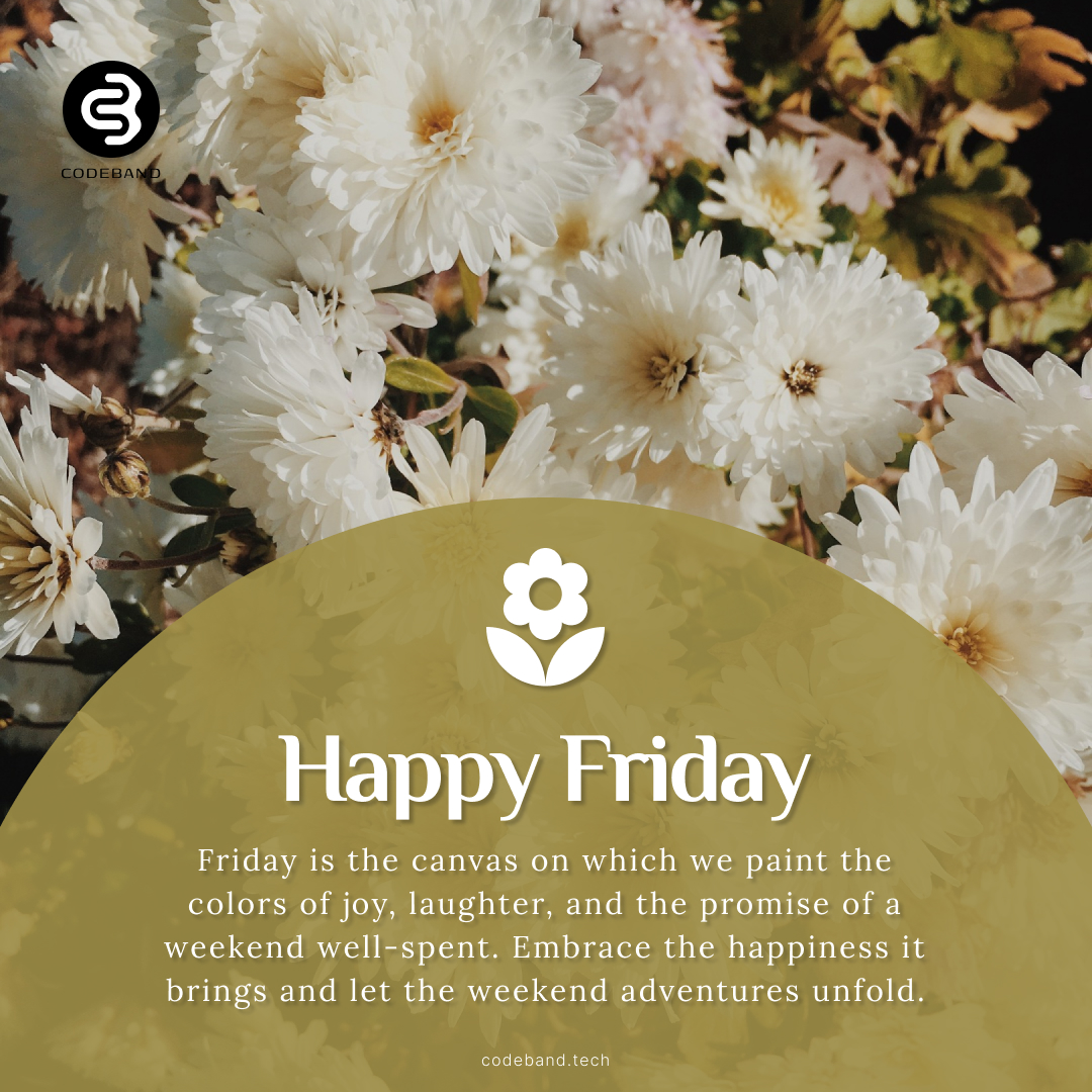 codebandtech's tweet image. Embrace the joy, ride the weekend wave. Happy Friday, the gateway to smiles and good vibes! 🌟

Connect with us:

Email: info@codeband.tech
Community: lnkd.in/grGk966w
Instagram: lnkd.in/gvQaYkpK
Twitter: lnkd.in/gYFQSZDk

#codeband #softwaredevelopment