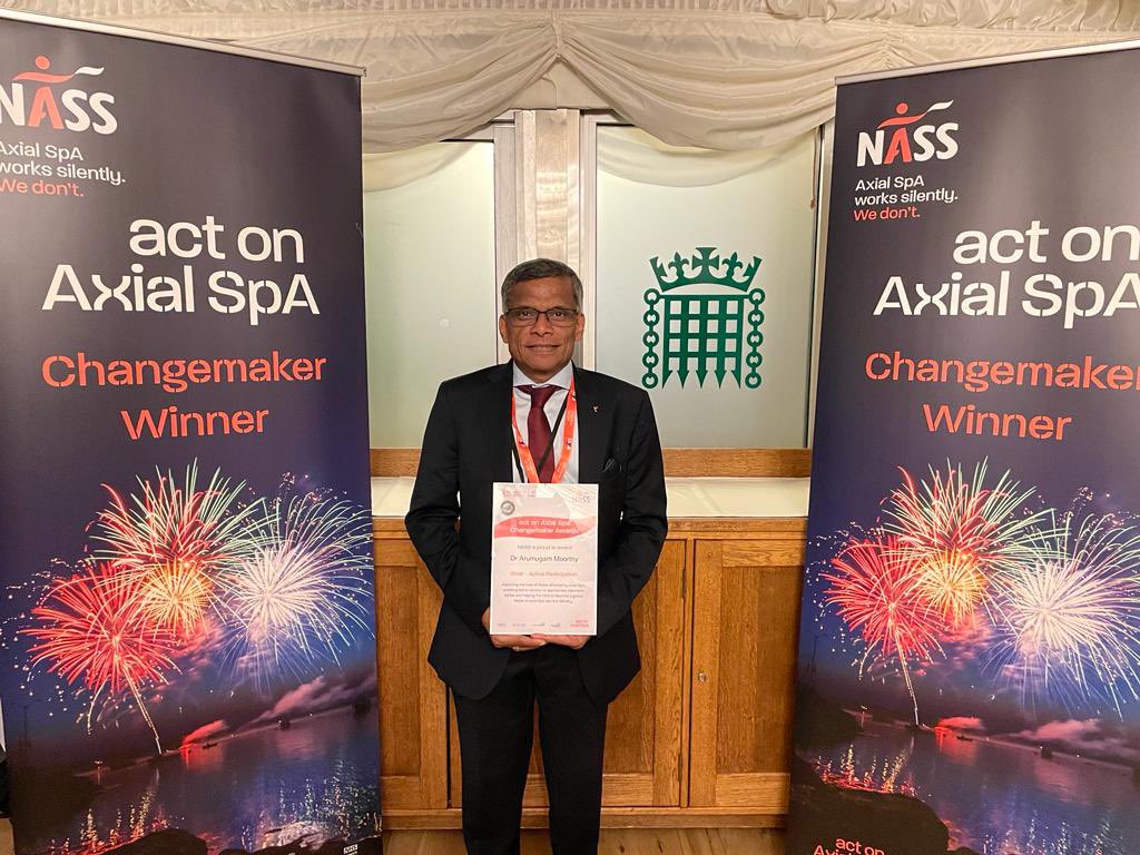 Consultant Rheumatologist Dr Arumugam Moorthy has been heralded as a national Changemaker at the House of Commons. Dr Moorthy received an award for his services to patients with Axial Spondylarthritis, at a ceremony organised by the patient charity <a href="/NASSexercise/">NASS</a>.