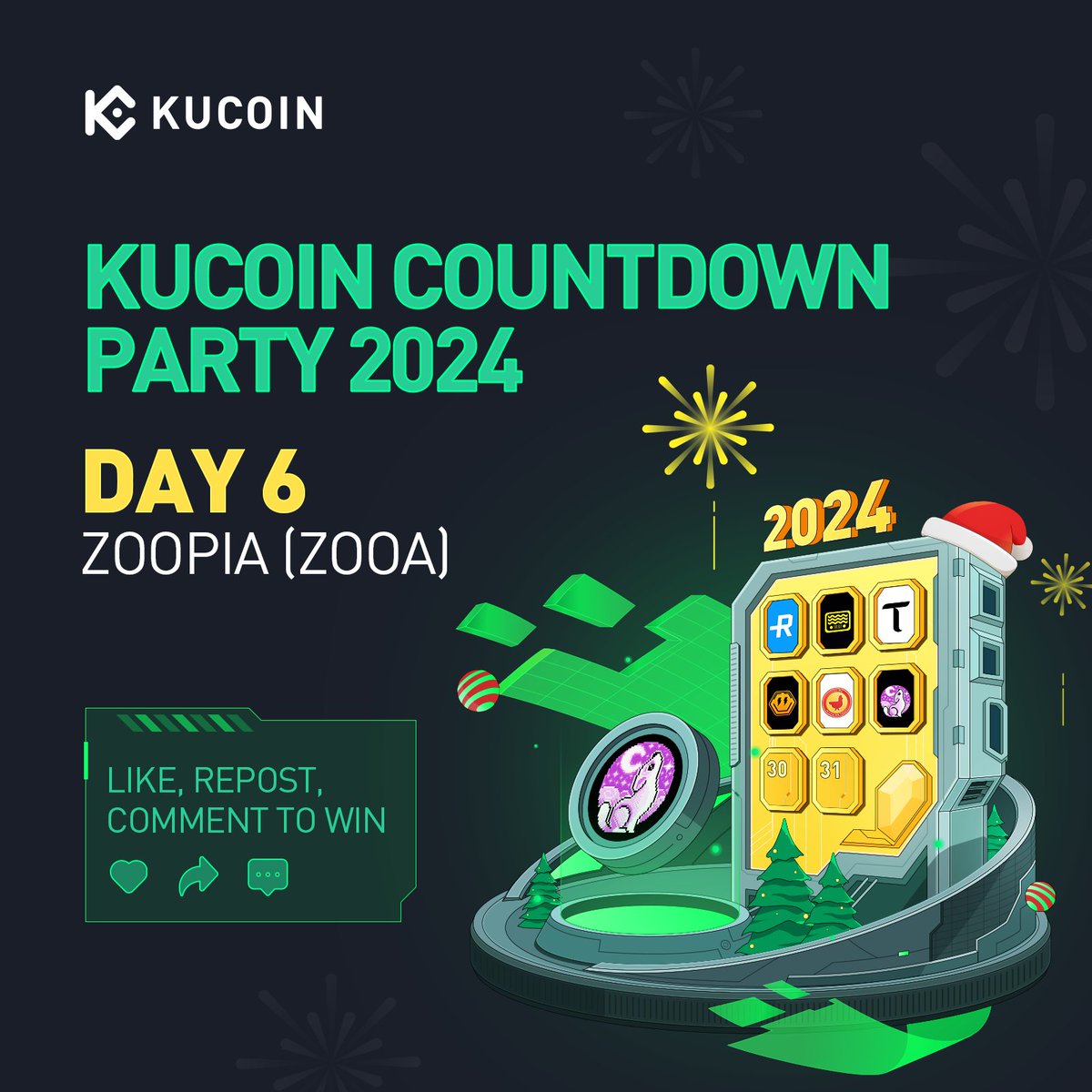 🎄 Giveaway every day till 2024 - join Day 6 of #KuCoinCountdownParty2024 with <a href="/Zoopia_Staking/">ZOOPIA</a>! 🥳🎉

To enter: 
1️⃣ Follow <a href="/kucoincom/">KuCoin</a> &amp; <a href="/Zoopia_Staking/">ZOOPIA</a>
2️⃣ Like &amp; Repost 
3️⃣ Comment your new year resolution, tag #KuCoinCountdownParty2024 + 2 friends
4️⃣ Fill in this form: