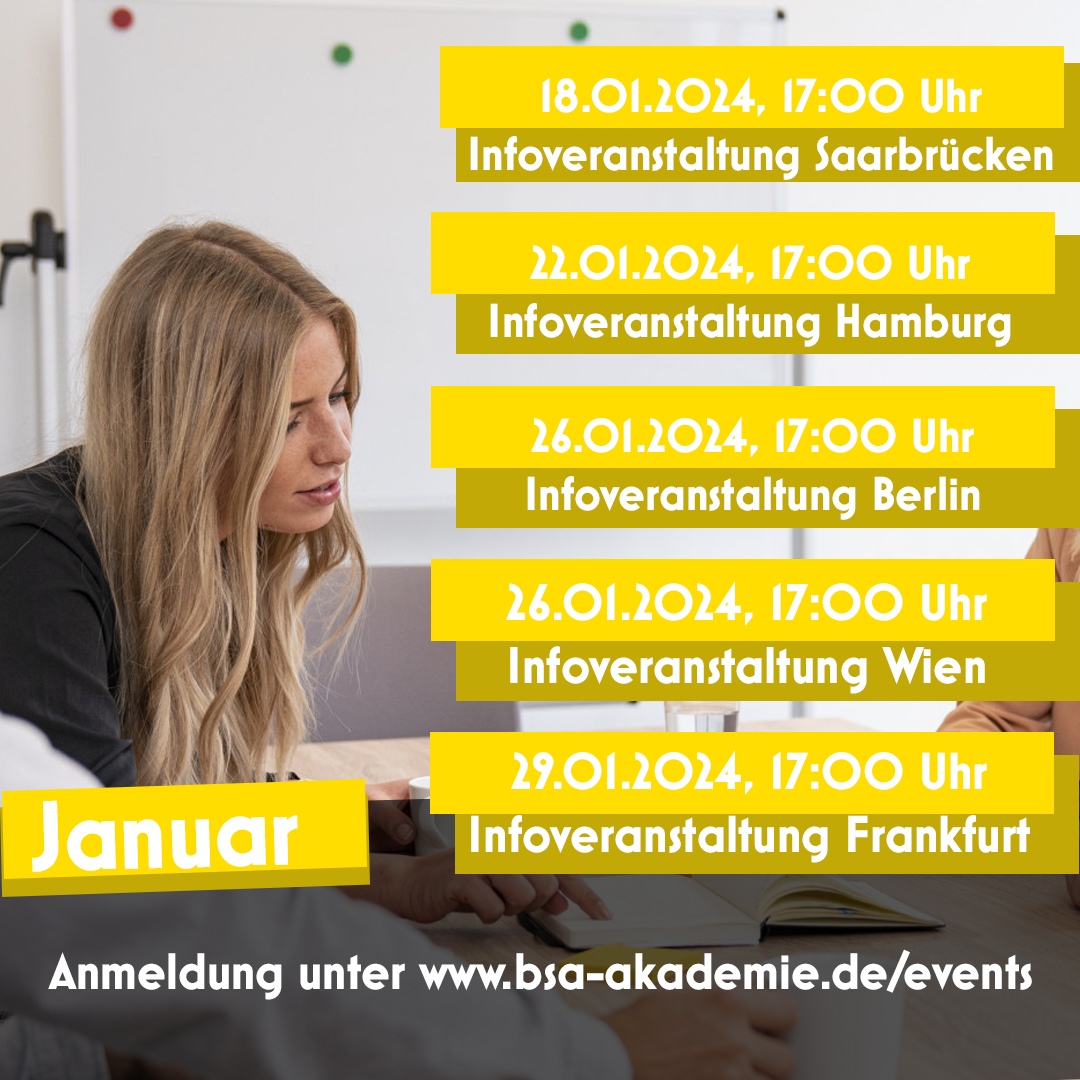 Infoveranstaltungen im #Januar 📅

Im Rahmen der Infoveranstaltungen besteht die Möglichkeit, sich einen ersten Eindruck der BSA-Akademie zu verschaffen und sich über unsere Qualifikationen zu informieren 📚🎓

bsa-akademie.de/events
