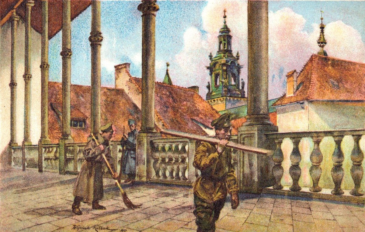 Wojciech Kossak, Stanisław Tondos 'Fortuna variabilis. Deus admirabilis.' - a WW1 postcard An Austro-Hungarian soldier guarding Russian prisoners of war working in the Wawel Royal Castle in Kraków. In the background - the tower of Wawel Cathedral.