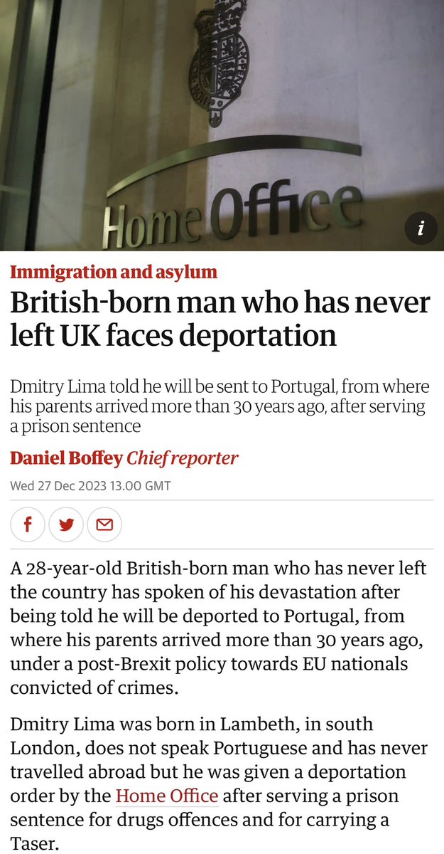 Dimitry Lima was born in UK. His parents came from Portugal. Dimitry committed a crime in UK and they are deporting him to the country of his parents. While this may be under a post-Brexit policy for EU nationals, it could serve as precedent in a court of law. The fact that a…
