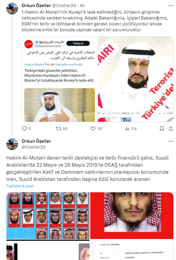 alkhames's tweet photo. العقيد التركي المتقاعد أوركون أوزيلر:
الضغوطات تمنع تسليم الإرهابي حاكم المطيري إلى الكويت وتم إطلاق سراحه👇 
المطيري مخطط وممول هجمات القطيف والدمام

**لن يتم تسليم حاكم المطيري إلى الكويت، بل تم إطلاق سراحه نتيجة لبعض الضغوطات. وتقوم وزارة العدل لدينا، ووزارة الداخلية، ووحدات الإرهاب والاستخبارات تنفيذ المهمة اللازمة، ولكن الحديث عن مثل هذه القضية الحرجة هي مسؤولية وطنية.

**حاكم المطيري، مؤيد للإرهاب وممول للإرهاب، هو المخطط لهجمات القطيف والدمام التي نفذها تنظيم داعش في السعودية يومي 22 و29 مايو 2015، وهو مطلوب في السعودية.

**قام بإحضار الإرهابي المسمى حسن حامد الفيبوري الشمري والذي كان متواجداً في تركيا بجواز سفر صادر بإسم شخص آخر  وأبقاه في تركيا تحت حمايته، يعيش سن حامد الفيبوري الشمري في تركيا بجواز سفر مزور، ومتزوج وله أعماله.

**المطيري وضع أسس هيكل سلفي جهادي عالمي في تركيا. وفي المقابل، حصل المطيري على رقم هوية وإقامة في تركيا.

** ما الذي يهدف المطيري إلى جلبه إلى البلاد من المسلحين المدرجين كإرهابيين في العديد من البلدان الأخرى؟ لماذا تسمح تركيا بذلك؟

** تشير هذه العملية القيمة للغاية التي بدأها وزير الداخلية إلى فترة حرجة للغاية، ولكن من الواضح أن عملية أخرى قد بدأت بتدخلات جماعات تريد أن تستمر هذه الجماعات الجهادية في البقاء في تركيا.

**في هذه المرحلة، أصبح من الواجب المدني خلق رأي عام وضمان ترحيل هذا الشخص المرتبط بالإرهاب والأشخاص المتصلين به.