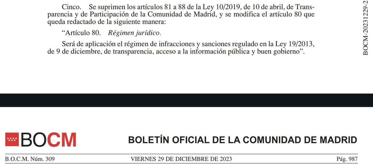 FiQuiPedia's tweet photo. @ppmadrid @IdiazAyuso Se consuma retroceso en transparencia en @ComunidadMadrid 
Suprimen artículos asociados a sanciones por Consejo Madrid y remiten a ley estatal 19/2013, que saben que no tiene régimen sancionador. Ahora dirán no sancionan porque ley no se lo permite
@civio
https://t.co/9X2f216Qlo https://t.co/yAEV5p3PpV