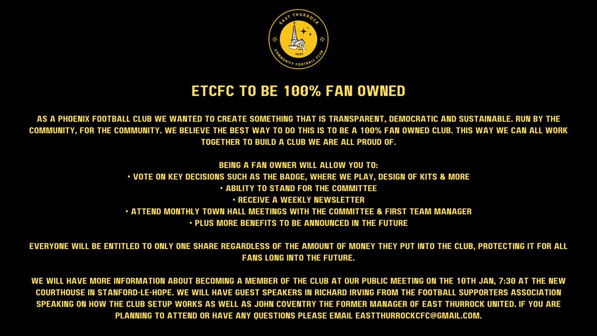 ETCFC To Be 100% Fan Owned

Being a fan owner will allow you to:
•⁠ ⁠Vote On Key Decisions
•⁠ ⁠Ability To Stand For The Committee
•⁠ ⁠Receive A Weekly Newsletter
•⁠ ⁠Attend Monthly Town Hall Meetings With The Committee &amp; First Team Manager