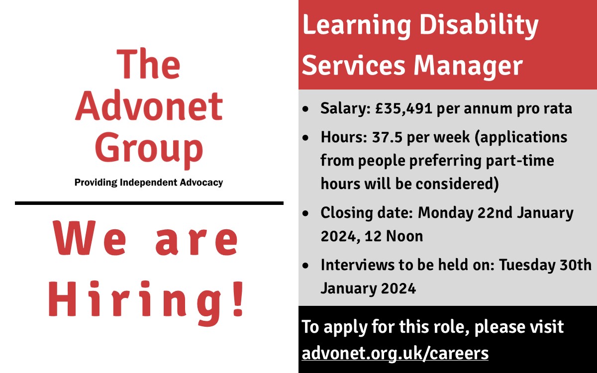 We are looking for an enthusiastic and imaginative person to become our new #LearningDisability Services Manager! If you are interested in this #JobVacancy, find out more here: advonet.org.uk/2023/12/29/job… #HiringNow #LeedsJobs #YorkshireJobs #JobSearch