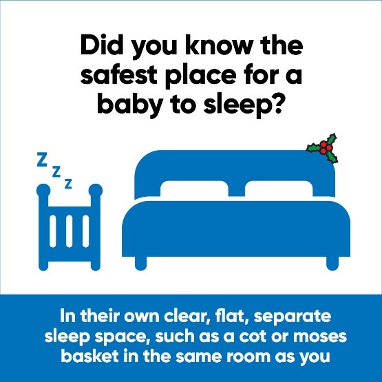 Did you know?  The safest place for a baby to sleep is in their own clear, flat, separate sleep space, such as a cot or Moses basket in the same room as you.  Top tips --> lullabytrust.org.uk/safer-sleep-ad…

#HoHoCoSleepSafely
#12daysofsafebabysleep