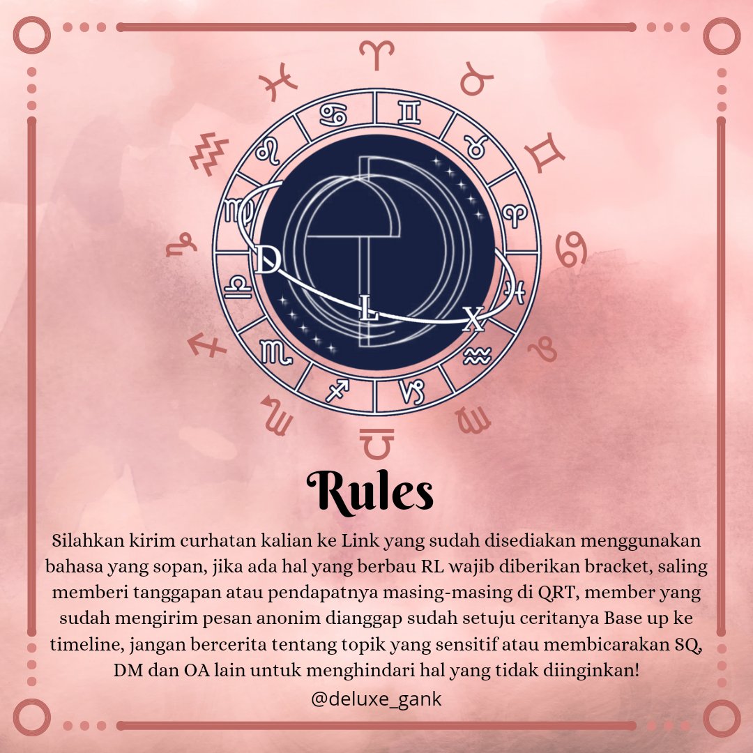 Deluxe_Gank's tweet photo. ⠀

         💬 DELUXE GANK 🤫
           CURHAT EDITIONS 
 
— BACA RULES sebelum curhat
— Kirim cerita bisa dimulai dari sekarang
— Kita bahas hari Sabtu, pukul 19.30 WIB
— Topiknya random, member minimal setor 1 cerita

lapak curhat : 
🔗 | https://t.co/qLR1UMZyDN / DM

⠀ https://t.co/u3R9aqB1uu