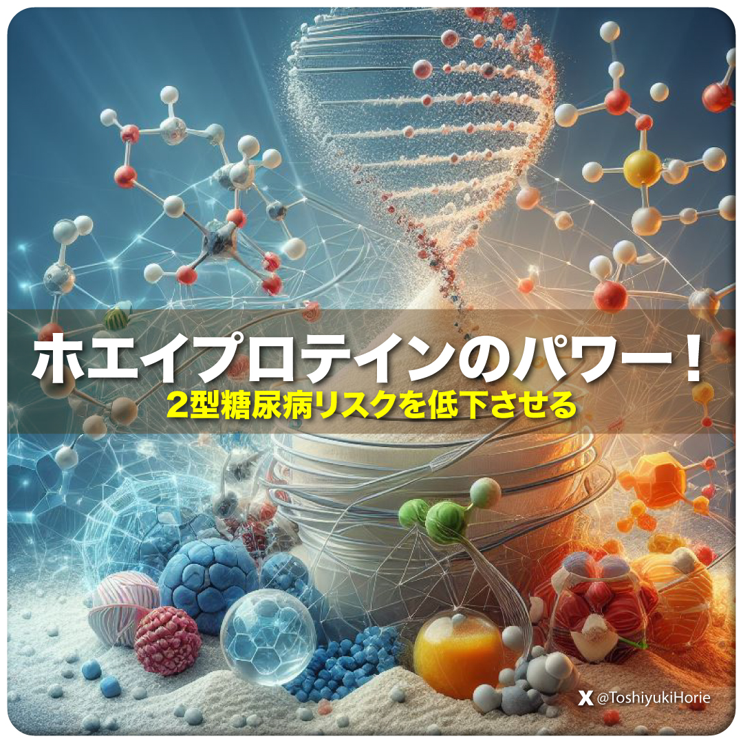 ToshiyukiHorie's tweet photo. ホエイプロテインのパワー！
〜2型糖尿病リスクを低下させる〜

💊2型糖尿病（T2DM）は、世界中で増加傾向にある社会問題です。

一般に食事の見直しを含めたライフスタイル改善はT2DMの予防と治療において重要な役割を果たします。

2型糖尿病の改善においては運動の重要性、筋肉量保持の重要性から筋トレが推奨される傾向にあります。

そんな中、筋トレをする人がタンパク質摂取のサポートによく使用するホエイプ��テイン（WP）に血糖値コ��トロールを改善する効果があることが次々と判明しており、注目を集めています。

💊ホエイプロテインとは？

ホエイプロテインは、牛乳から作られる高品質のプロテインで、各種アミノ酸が豊富に含まれています。

これは、体重管理、筋肉構築、運動パフォーマンス向上など、様々な健康上の利点が認められています。

こここでホエイプロテインについて、ざっとおさらいをしておきます。

🔸まず牛乳の組成を理解することは、ホエイプロテインの性質とその利点を把握する上で重要です。

牛乳は水、乳脂肪、乳糖（糖類）、ビタミン、ミネラル、そして二つの主要なタンパク質グループ、すなわちカゼインとホエイタンパク質から成り立っています。

🔸牛乳のタンパク質組成

1. カゼイン: 

牛乳中のタンパク質の約80%を占める主要���成分。カゼインは水に不溶性で、牛乳が酸性になると固まりやすい性質があります。この性質がチーズ製造などに利���されます。

2. ホエイタンパク質: 

残りの約20%を占める水溶性タンパク質。ホエイは、チーズやヨーグルトの製造過程で、固まったカゼインから分離される液体部分です。

🔸ホエイプロテインの特徴

ホエイプロテインは、牛乳から得られる高品質のタンパク質源で、必須アミノ酸が豊富に含まれています。

特に、分岐鎖アミノ酸（BCAA）であるロイシン、イソロイシン、バリンが多く含まれており、これらは筋肉合成と修復に重要な役割を果たします。

🔸ホエイプロテインの種類

ホエイプロテインは、主に以下の三つの形態で見られます：

1. ホエイプロテインコンセントレート（WPC）: タンパク質含有量が約70-80%、残りは乳糖や脂肪です。

2. ホエイプロテインアイソレート（WPI）: より高度に精製され、タンパク質含有量が90%以上で、��糖や脂肪がほとんどまたは全く含まれていない場合もあります。

3. ホエイプロテインハイドロリゼート（WPH）: 部分的に消化された形態で、吸収がより速いタイプの製品です。

🔸ホエイプロテインの利点

ホエイプロテインは、筋肉の成長と回復を促進するだけでなく、免疫機能の強化、抗酸化作用、さらには最近の研究では2型糖尿病リスクファクターへの影響も示唆されています。

これらの特性は、ホエイプロテインをスポーツ選手だけでなく、健康を意識する一般消費者にも人気のあるサプリメントにしています。

💊ホエイプロテインと2型糖尿病リスクファクター

さて本題に入ります。

最近の研究によると、ホエイプロテインは2型糖尿病のリスクファクターを改善する可能性があります。

2023年の総合的な研究レビューでは、ホエイプロテインサプリメントがT2DMのリスクファクターに及ぼす影響について調査されました。

💊研究の結果

このレビューでは、109件のランダム化比較試験（RCT）が分析され、次のような結果が得られました：

1. 血糖コントロール:

   - 空腹時血糖: Badely et al.(2019)の研究では、WPにより空腹時血糖が平均1.42 mg/dL低下（P < 0.05）。

   - HbA1c: Amirani et al.(2020)の研究で、WPによるHbA1cの平均0.15%の低下（P < 0.05）。

2. 脂質プロファイル:

   - トリグリセリド: Amirani et al.(2020)とBadely et al.(2019)の研究によれば、WPによりトリグリセリドが平均17.12〜18.9 mg/dL低下（P < 0.05）。

3. 血圧:

   - 収縮期血圧: Badely et al.(2020)によると、WPにより収縮期血圧が平均7.46 mmHg低下（P < 0.05）。

これらの結果��ら、ホエイプロテインが特定の2型糖尿病リスクファクター、特にグリセミックコントロール、血脂質プロファイル、血圧に有効であることが示唆されています。

💊まとめ

ホエイプロテインのサプリメントは、適切な食事と運動と組み合わせることで、2型糖尿病のリスクを減少させる効果が期待できることを示しています。

ただし、これはあくまでも補助的な手段であり薬ではありません。

個々の健康状態に合わせた管理が重要です。

💊ホエイプロテインの「健康効果」

ホエイプロテインの全般的な健康効果に関して、以下の主要な点が科学的研究により示されています：

1. 全身と筋肉のタンパク質合成の促進: 

ホエイプロテインは全身と筋肉のタンパク質合成を促進し、身体活動による全体的な利点を拡大する可能性があります（Ha & Zemel, 2003）。

2. 身体能力、免疫サポート、疲労抵抗力の向上: 

ホエイプロテインは身体的フィットネス、免疫サポート、疲労への抵抗、抗酸化作用、抗菌、抗ウイルス、心血管疾患、糖尿病、抗がん効果、および全般的な健康促進に寄与する可能性があります（Guo Chang-jiang, 2011）。

3. 免疫調節作用、抗菌、抗高血圧、抗酸化作用、オピオイド特性: 

ホエイプロテインの生物活性ペプチドには、免疫調節作用、抗菌、抗高血圧、抗酸化作用、オピオイド特性があり、一般的な健康効果や��性疾患のリスク低減に関連しています（Olvera-Rosales et al., 2022）。

4. 高品質タンパク質源としての栄養健康効果: 

ホエイプロテインは、筋肉と体脂肪を構築するためのBCAA（分岐鎖アミノ酸）を提供する高品質のタンパク質源です（Davis, 2004）。

💊全身と筋肉のタンパク質合成の促進: 

ホエイプロテインが全身と筋肉のタンパク質合成を促進するメカニズムについての最新の研究は、以下のように要約できます：

1. 筋肉タンパク質合成と除脂肪筋組織のアナボリズム: 

ウィリアムズら（2018年）による研究では、ホエイプロテインが筋肉タンパク質合成と除脂肪筋組織のアナボリズムを促進し、脂肪フリー質量、ベンチプレス、スクワットのパフォーマンス、回復時間、胃の不快感の改善に寄与することが示されています。

2. ロイシン含有量: 

スタークら（2012年）の研究によると、ワークアウト後のホエイプロテイン（1食あたり少なくとも3gのロイシン含有）は筋タンパク質合成を増加させ、筋肉肥大と強度の向上に寄与する可能性があります。

3. 加水分解ホエイプロテインの効果: 

モロら（2019年）によると、少量の加水分解ホエイプロテインは、若い男性の筋肉へのロイシンの輸送を効果的に増加させ、mTORC1の活性化と筋タンパク質合成を刺激することが明らかにされています。

4. 筋肉タンパク質合成の増大と運動回復の向上: 

ハルミら（2010年）によると、ホエイプロテインを補給し、レジスタンス・トレーニングを行うことで、筋タンパク質合成が最大限に高まり、筋肉断面積が拡大し、運動回復が向上することが示されています。

💊ホエイプロテインの免疫サポート

ホエイプロテインが免疫系に与える影響、特に免疫応答の強化、抗酸化防御のサポート、リンパ球増殖の促進といった側面は次の研究などから理解可能です。

1. 免疫系の刺激: 

ベリューら（2006年）の研究によると、ホエイタンパク質とペプチドは、先天的および適応的免疫の刺激と抗炎症作用により、免疫系に有益な効果をもたらします。

2. サイトカインの放出の増加: 

チェリクら（2019年）によると、ホエイタンパク質はサイトカインの放出を増加させ、抗酸化能力の向上とグルタチオンレベルの増加により、酸化ストレスへの反応をサポートします。

3. 抗酸化防御システムの最適化: 

グプタとプラカシュ（2017年）によると、ホエイタンパク質はグルタチオンレベルを増加させ、抗酸化防御システムを最適化することで免疫系プロセスをサポートします。

4. リンパ球増殖の強化: 

ウーら（2009年）の研究では、ホエイタンパク質の補給が若いマウスと老いたマウスの両方でリンパ球増殖を強化し、健康な免疫系をサポートする可能性が示唆されています。

💊ホエイプロテインの抗酸化作用

ホエイプロテインは、グルタチオンの生合成を強化し、システインをグルタチオンに変換することで抗酸化作用を発揮することが判明しています。

また、β-ラクトアルブミンやホエイプロテイン加水分解物が抗酸化特性を持つことも確認されています。

1. グルタチオンの生合成の強化: 

マーチンスら（2021年）の研究によると、ホエイプロテインはアミノ酸システインを介して抗酸化作用を持ち、哺乳類で最も豊富な非タンパク質抗酸化物質であるグルタチオンの生合成を強化します。

2. システインからグルタチオンへの変換: 

マーシャル（2004年）によると、ホエイプロテインはシステインをグルタチオンに変換することで、強力な細胞内抗酸化物質として作用します。

3. β-ラクトアルブミンの抗酸化特性: 

コロチャノら（2019年）によると、ホエイプロテインβ-ラクトアルブミンは、シミュレートされた胃腸モデルにおいて消化後の最も高い抗酸化特性を発揮することが確認されました。

4. ホエイプロテイン加水分解物の抗酸化特性: 

エルナンデス＝レデスマら（2005年）によると、ホエイプロテイン加水分解物は抗酸化特性を持ち、アルカラーゼ加水分解物は最高の抗酸化活性を示します。

---

総括すると、ホエイプロテインには多岐にわたる「健康効果」があり、それらを介して2型糖尿病の症状軽減、寛解に貢献するということが多くの研究により示されていると思います。

この記事がライフスタイル改善の一助となれば幸いです。

またお友達にもこの記事を教えてあげて下さい。

Reference（��典）

1. Connolly, Gavin, Yu Wang, Robert E. Bergia, Eric M. Davis, Adam W. Byers, Jason B. Reed, and Wayne W. Campbell. "Whey protein supplementation and type 2 diabetes mellitus risk factors: An umbrella systematic review of randomized controlled trials." Current Developments in Nutrition (2023): 102017.

2. McGuire, Michelle, and Beerman, Kathy A. "Nutritional Sciences: From Fundamentals to Food." 3rd ed. Belmont, CA: Wadsworth Cengage Learning, 2013.

3. Walzem, Rosemary L., Dillard, Cora J., and German, J. Bruce. "Whey Components: Millennia of Evolution Create Functionalities for Mammalian Nutrition: What We Know and What We May Be Overlooking." Critical Reviews in Food Science and Nutrition 42, no. 4 (2002): 353-375.

4. Haug, Anna, Høstmark, Arne T., and Harstad, Odd M. "Bovine Milk in Human Nutrition – A Review." Lipids in Health and Disease 6, no. 25 (2007).

5. Badely, Mustafa, Mojtaba Sepandi, Mohammad Samadi, Karim Parastouei, and Maryam Taghdir. "The effect of whey protein on the components of metabolic syndrome in overweight and obese individuals; a systematic review and meta-analysis." Diabetes & Metabolic Syndrome: Clinical Research & Reviews 13, no. 6 (2019): 3121-3131.

6. Amirani, Elaheh, Alireza Milajerdi, Željko Reiner, Hamed Mirzaei, Mohammad Ali Mansournia, and Zatollah Asemi. "Effects of whey protein on glycemic control and serum lipoproteins in patients with metabolic syndrome and related conditions: A systematic review and meta-analysis of randomized controlled clinical trials." Lipids in health and disease 19 (2020): 1-18.

7. Ha, E., and M. Zemel. "Functional properties of whey, whey components, and essential amino acids: mechanisms underlying health benefits for active people (review)." The Journal of Nutritional Biochemistry 14, no. 5 (2003): 251-258. doi:10.1016/S0955-2863(03)00030-5.

8. Chang-jiang, Guo. "Composition and Major Health Functions of Whey Protein." Food and Nutrition in China (2011).

9. Olvera-Rosales, L., A. Cruz-Guerrero, J. M. García-Garibay, L. Gómez‐Ruiz, E. Contreras-López, F. Guzmán-Rodríguez, and L. González-Olivares. "Bioactive peptides of whey: obtaining, activity, mechanism of action, and further applications." Critical Reviews in Food Science and Nutrition (2022). doi:10.1080/10408398.2022.2079113.

10. Davis, L. "Fortifying Grain-Based Products with Whey Protein." Cereal Foods World 49 (2004): 4-5.

11. Williams, J., K. Vieira, and S. Williams. "The Effects of Supplementing Ingredient Optimized Whey Protein Isolate (ioProtein) Versus Whey Protein Comparator Following High Intensity Exercise for 8-Weeks." Journal of Food Processing and Technology 9 (2018): 1-5. doi:10.4172/2157-7110.1000715.

12. Stark, Matthew, J. Lukaszuk, A. Prawitz, and A. Salacinski. "Protein timing and its effects on muscular hypertrophy and strength in individuals engaged in weight-training." Journal of the International Society of Sports Nutrition 9 (2012): 54. doi:10.1186/1550-2783-9-54.

13. Moro, T., Camille R. Brightwell, Brenda Velarde, C. Fry, Kyosuke Nakayama, C. Sanbongi, E. Volpi, and B. Rasmussen. "Whey Protein Hydrolysate Increases Amino Acid Uptake, mTORC1 Signaling, and Protein Synthesis in Skeletal Muscle of Healthy Young Men in a Randomized Crossover Trial." The Journal of Nutrition (2019). doi:10.1093/jn/nxz053.

14. Hulmi, J., Christopher M. Lockwood, and Jeffrey R Stout. "Effect of protein/essential amino acids and resistance training on skeletal muscle hypertrophy: A case for whey protein." Nutrition & Metabolism 7 (2010): 51. doi:10.1186/1743-7075-7-51.

15. Beaulieu, J., C. Dupont, and P. Lemieux. "Whey proteins and peptides: beneficial effects on immune health." Therapy 3 (2006): 69-78. doi:10.2217/14750708.3.1.69.

16. Çelik, Ramazan, Mahmut Kaymakci, Deniz Akalin, E. Karademir, Behlul Tuncer, Gökhan Biçim, A. M. Yılmaz, and A. Yalçın. "Effect of casein and whey proteins on examination stress." Marmara Medical Journal (2019). doi:10.5472/MARUMJ.570904.

17. Gupta, C., and D. Prakash. "Therapeutic Potential of Milk Whey." Beverages 3 (2017): 31. doi:10.3390/BEVERAGES3030031.

18. Wu, Dayong, C. Onwulata, Z. Ren, Munkyong Pae, Hoan-Jen E Pang, and S. Meydani. "Effect of dietary supplementation with a formulated nutrient mixture together with whey‐based protein on immune response of young and old mice." The FASEB Journal 23 (2009). doi:10.1096/fasebj.23.1_supplement.909.7.

19. Martins, M. L., Angela Teodósio da Silva, Roberta Pieri Machado, Hanna Pillmann Ramos, C. Martinelli, T. T. Silveira, E. L. da Silva, and E. Wazlawik. "Vitamin C decreases reduced glutathione in chronic haemodialysis patients: a pilot, randomised, double-blind trial." International Urology and Nephrology 53 (2021): 1695-1704. doi:10.1007/s11255-021-02797-8.

20. Marshall, Keri. "Therapeutic applications of whey protein." Alternative Medicine Review : A Journal of Clinical Therapeutic 9, no. 2 (2004): 136-56.

21. Corrochano, Alberto R., Y. Sariçay, E. Arranz, P. Kelly, V. Buckin, and L. Giblin. "Comparison of antioxidant activities of bovine whey proteins before and after simulated gastrointestinal digestion." Journal of Dairy Science 102, no. 1 (2019): 54-67. doi:10.3168/jds.2018-14581.

22. Hernández-Ledesma, B., A. Dávalos, B. Bartolomé, and L. Amigo. "Preparation of Antioxidant Enzymatic Hydrolysates from α-Lactalbumin and β-Lactoglobulin. Identification of Active Peptides by HPLC-MS/MS." Journal of Agricultural and Food Chemistry 53 (2005): 588-593. doi:10.1021/JF048626M.