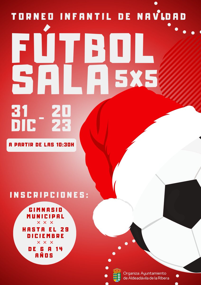 ⚽Torneo fútbol sala infantil⚽

💥Si tienes entre 6 y 14 años, te esperamos en Aldeadávila el 31 de diciembre para disfrutar de una mañana jugando al fútbol sala⚽

❌No te despistes, ¡hoy cerramos inscripciones!

ℹ️Información en el cartel adjunto
