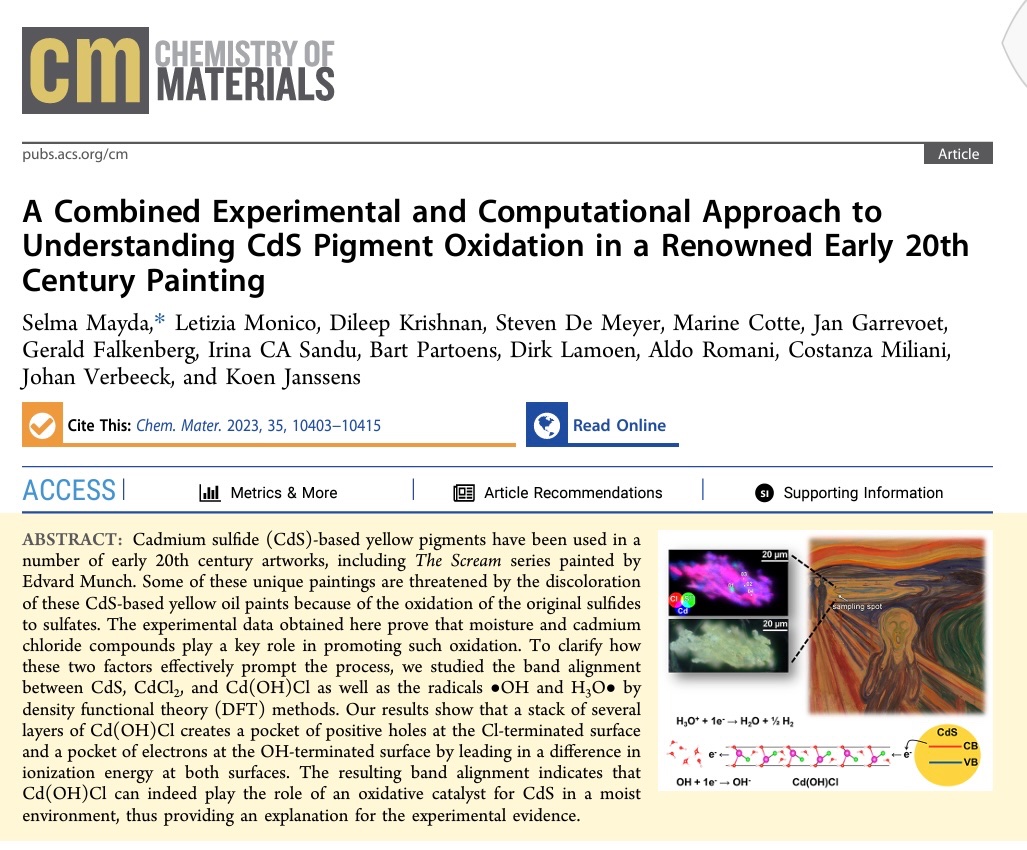 •Why &amp; how moisture &amp; chlorides have prompted the color change of cadmium yellows in The Scream by #Munch ?

•In this paper published in Chemistry of Materials we have answered to this question via synchrotron X-ray analysis and computational studies: pubs.acs.org/doi/abs/10.102…