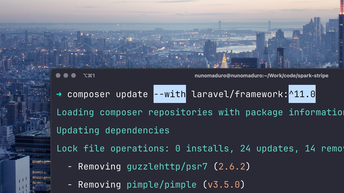enunomaduro's tweet image. Good morning, artisans! If your open-source package supports multiple Laravel versions and you wish to install dependencies for a specific version, use Composer's `--with` option. 🏙️