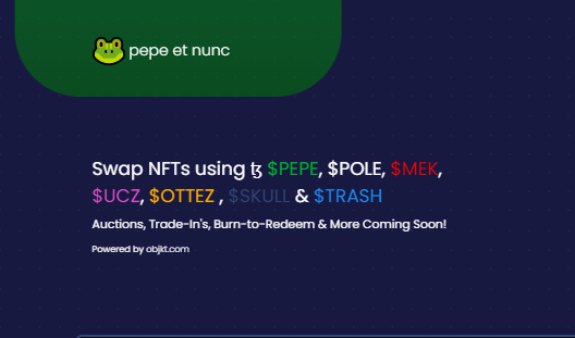 #update 

$MEK, $UCZ, $OTTEZ - Welcome to the platform! 

- Auctions
- Open Editions
- Reserved Listings
- Trade-Ins
- Burn to Redeem

Roll-outs on these features start this week! 

Pepe Et Nunc - Home for Alt Coin Swaps -
Supporting the #tezos #altcoin community since 4/20/2023