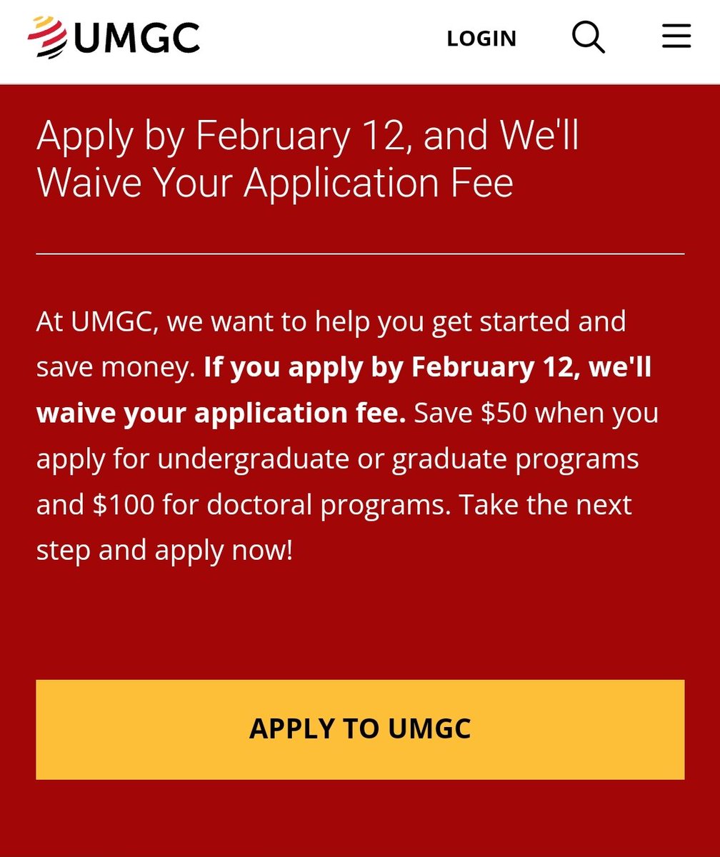 temabef's tweet photo. Study in the US: No application fee

University of Maryland Global Campus

"Save $50 when you apply for undergraduate or graduate programs and $100 for doctoral programs. Take the next step and apply now!"

Funding is available. 

Deadline: February 12th https://t.co/jWNc7YMGeY