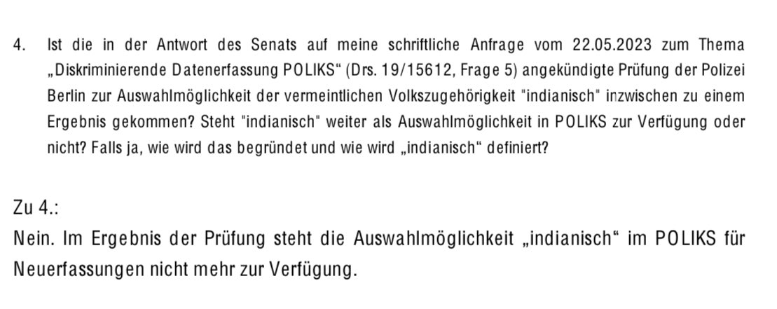 matthimon's tweet photo. Die Polizei in #Berlin hat in #POLIKS Menschen mit einer „Volkszugehörigkeit ‚indianisch‘“ gespeichert:
https://t.co/Nhqxqx1s9r
Zu der Datenbank gibt es bald Ergebnisse einer Studie. Eine „diskriminierungskritische Überprüfung“ ist darin aber „nicht vorgesehen“.
@berlin_out https://t.co/VYlVdexJjO