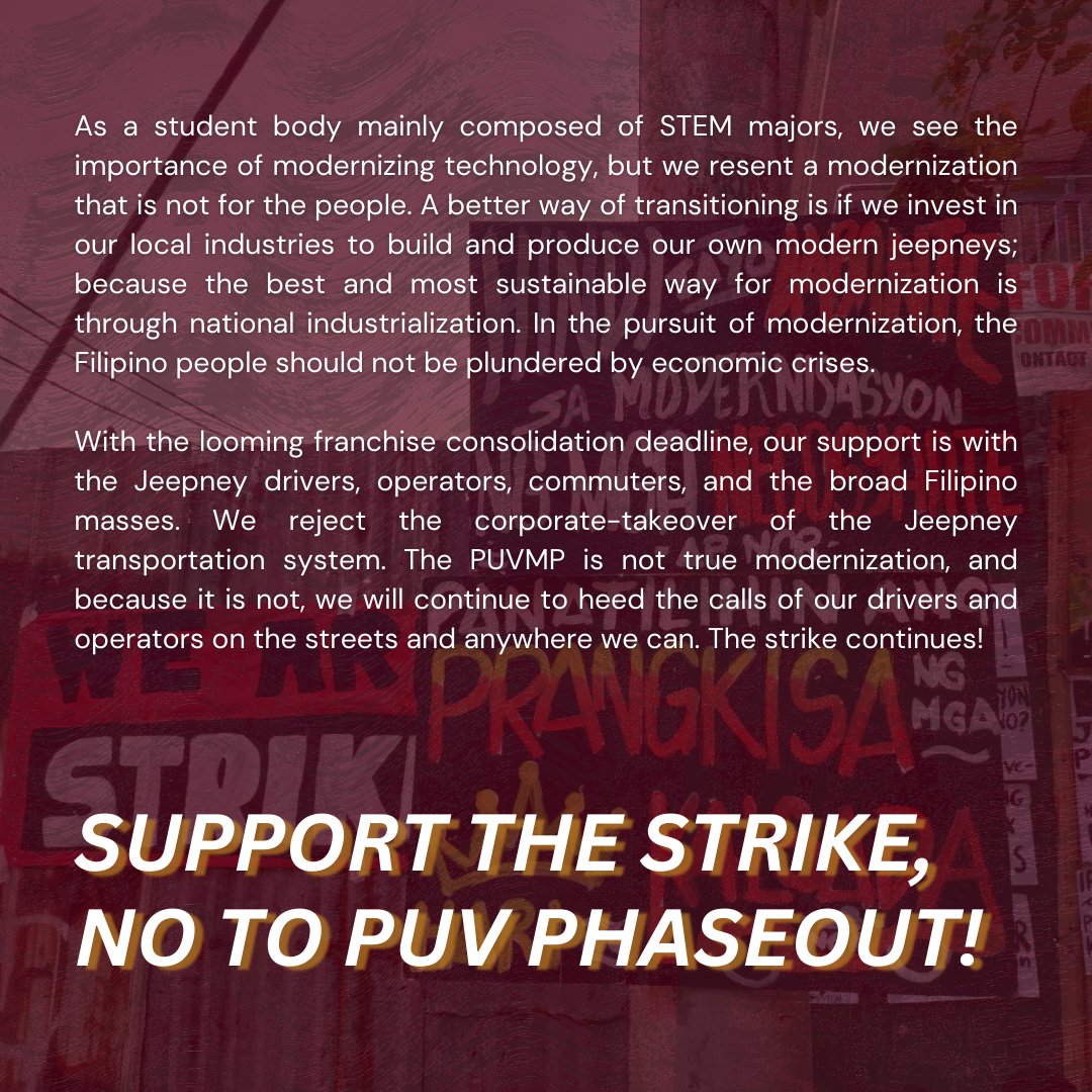 READ: Unity  Statement of councils and organizations from Mapúa University in support  of our Jeepney Drivers and Operators in the fight against the Omnibus  Franchise Consolidation Deadline and PUV Phaseout. 

#NoToPUVPhaseout
#SupportTheStrike
#ProPeopleTransition