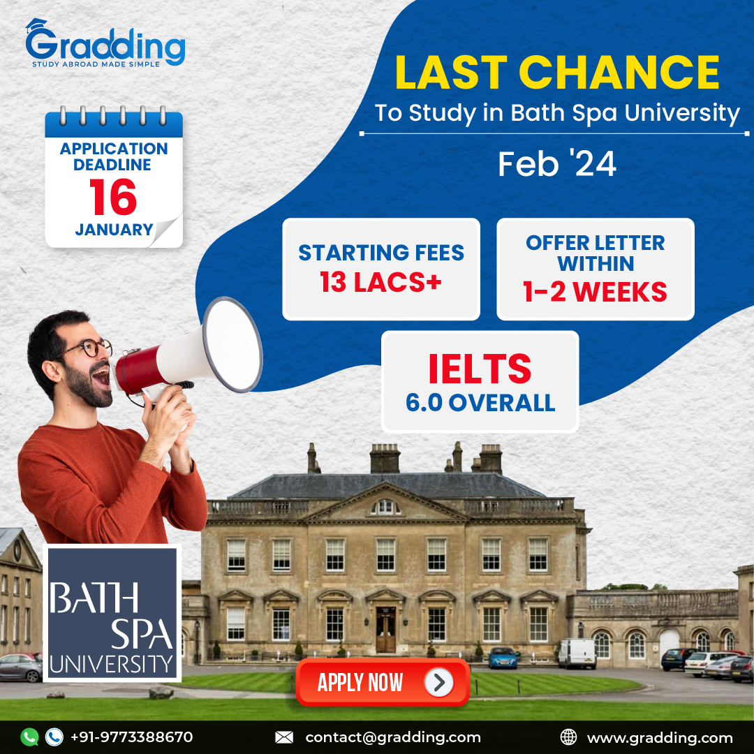 Gradding_'s tweet photo. Alert Study Abroad Dreamers!!! ⚠️⚠️

This is your last chance to seize the opportunity in Bath Spa University for February intake 2024🤩

 Application deadline: 16th Jan 2024

To apply!!!
Visit: https://t.co/8RQzctqGzU
Call: +919773388670

#studyabroad #uk #studyinuk #gradding https://t.co/mq1WgCvRQS
