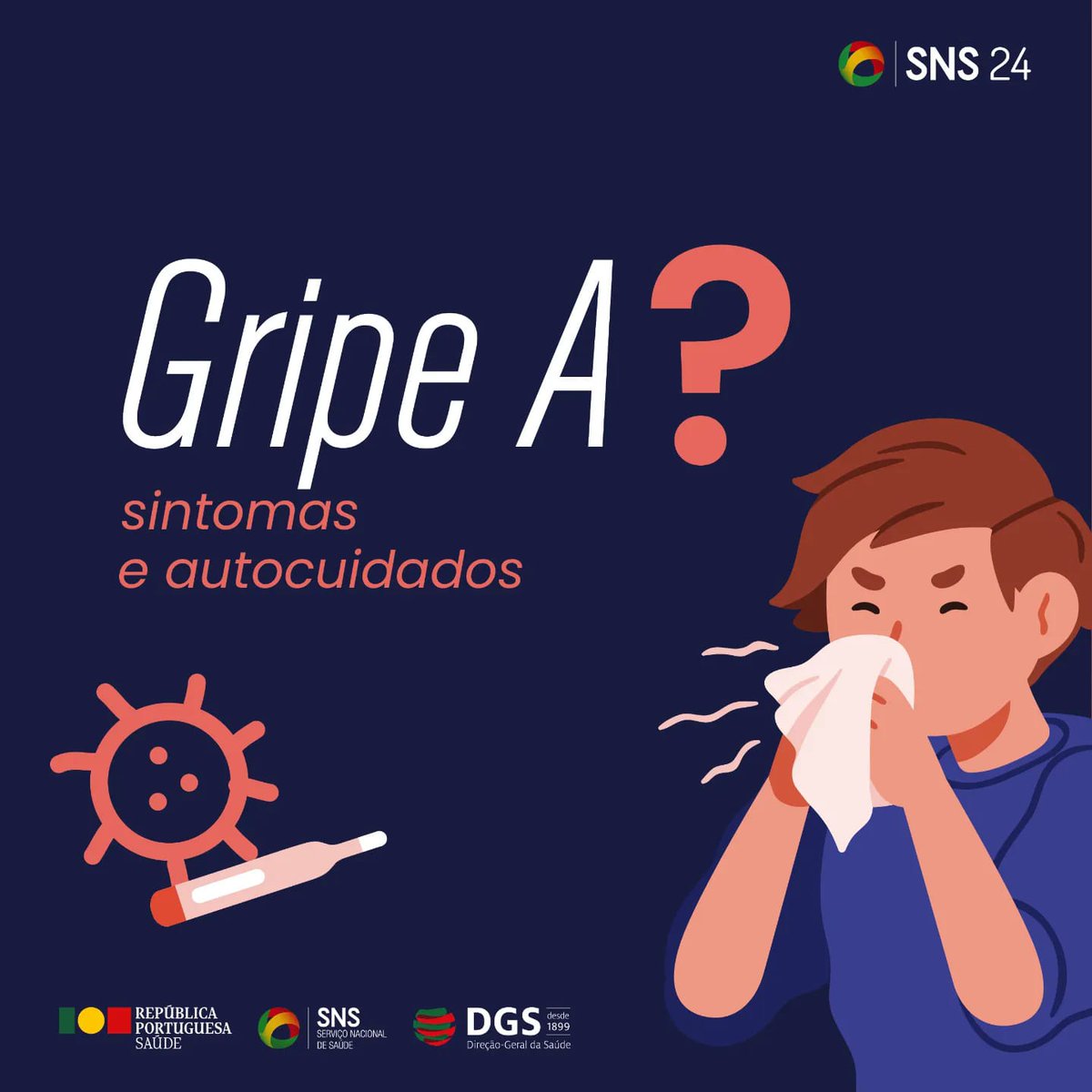DGSaude's tweet photo. 📍 Gripe A: mantenha o distanciamento social, utilize máscara e lave as mãos com frequência. Caso os sintomas se agravem, ligue SNS 24 (808 24 24 24) antes de se dirigir às urgências.

#Saúde #SNS #SNS24 #GripeA @SNS_Portugal https://t.co/BsT8YwlQQb