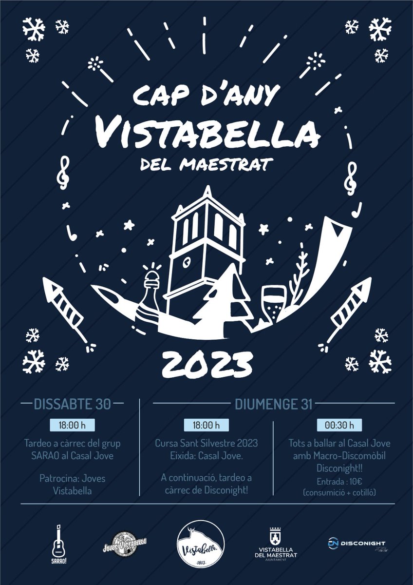 VistabellaAjunt's tweet photo. 🥳 L'any 2023 està a punt de finalitzar i en Vistabella del Maestrat s'ha preparat una agenda d'oci per acomiadar-se amb esport i música com a protagonistes.

🌟🌟 Tota la informació al cartell adjunt! https://t.co/wHesOlAbmm