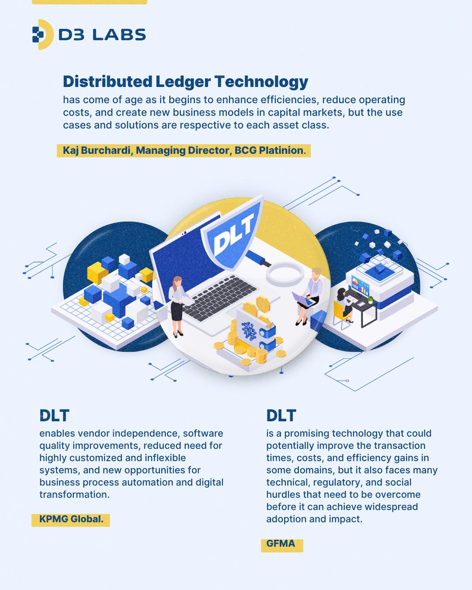 D3Labsdotio's tweet photo. Banking as we know it is evolving, and DLT's leading the charge. Imagine real-time transactions, efficient costs, and secure transaction. Join the transformative wave and explore the vast potential of it!

#DLT #DLTInnovation #Banking #D3Labs https://t.co/7JxxPmzror