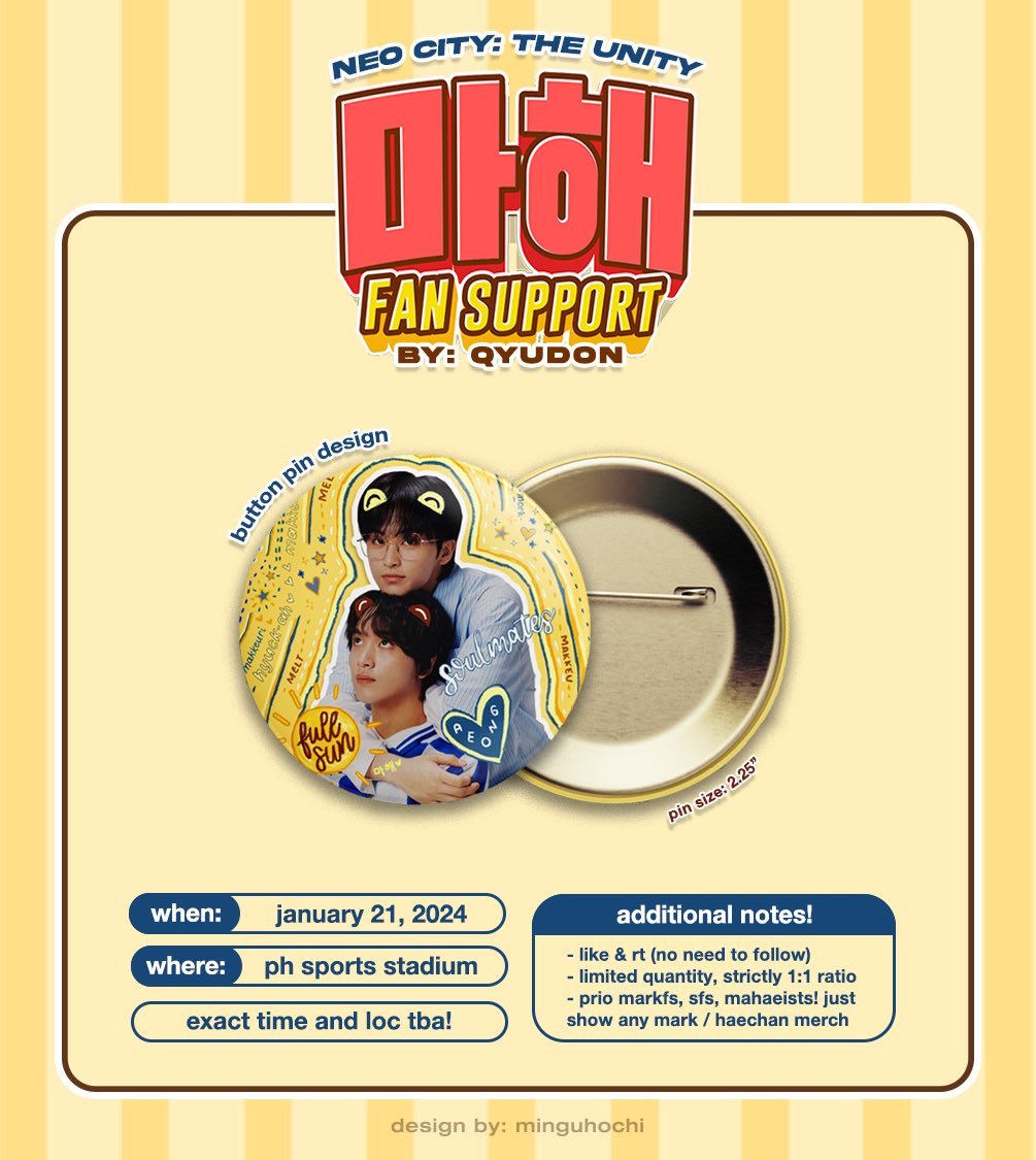 Neo City: The Unity in Bulacan Fan Support for #MAHAE / #MARKHYUCK by @qyudon • like & rt (no need to follow) • limited qty, strictly 1:1 • prio markfs, sfs, mahaeists! see photo for more info • exact time & loc tba on d-day see you 🩷 #NEOCITY_THE_UNITY_in_BULACAN