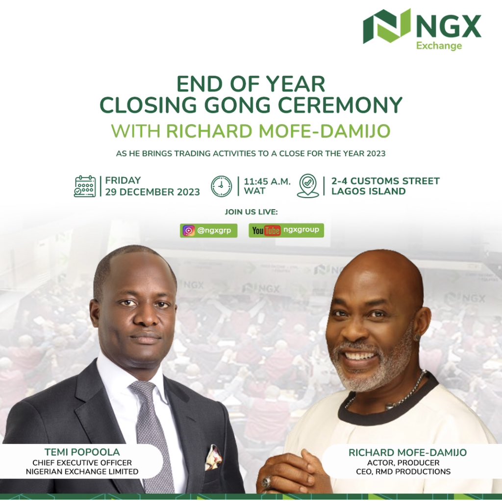Join us today at the Exchange, as Award Winning Actor and Producer @RMofeDamijo brings trading activities for the year 2023 to a close at the NGX end of year Closing Gong Ceremony #NGX #RMDatNGX #NGXClosingGong