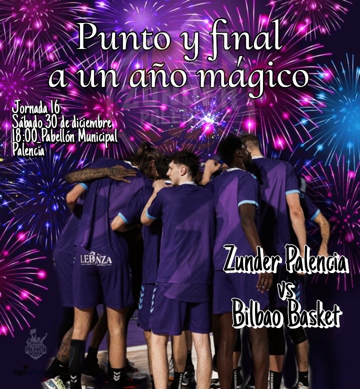 Ponemos punto y final a un año mágico🎆
🧩Jornada 16
📆Sábado 30 de diciembre 
🕕18:00
🆚️@bilbaobasket
🏟Pabellón Municipal de Palencia
💜#sentimientopalentino 
🧸Y no te olvides de llevar un peluche para la lluvia solidaria del descanso!!!
@ZunderPalencia