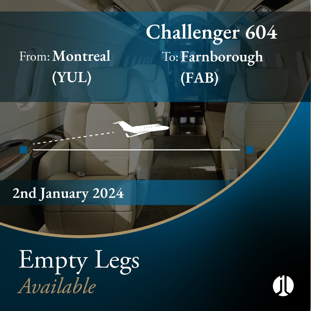 jetlogic's tweet image. EMPTY LEG ALERT. #Montreal &amp;gt;&amp;gt;&amp;gt; #Farnborough. 2nd January 2024. 9 pax. 

Contact @jetlogic to discuss your charter requirements. 

&amp;gt; +44 131 478 0802
&amp;gt; jlcharter@jetlogic.com

#FlyJetlogic #EmptyLeg #PrivateJet
