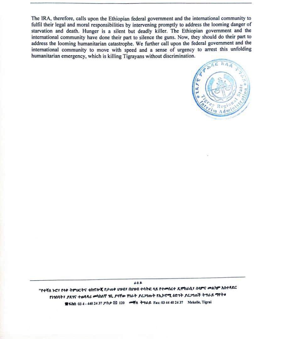Statement on the unfolding famine in Tigray