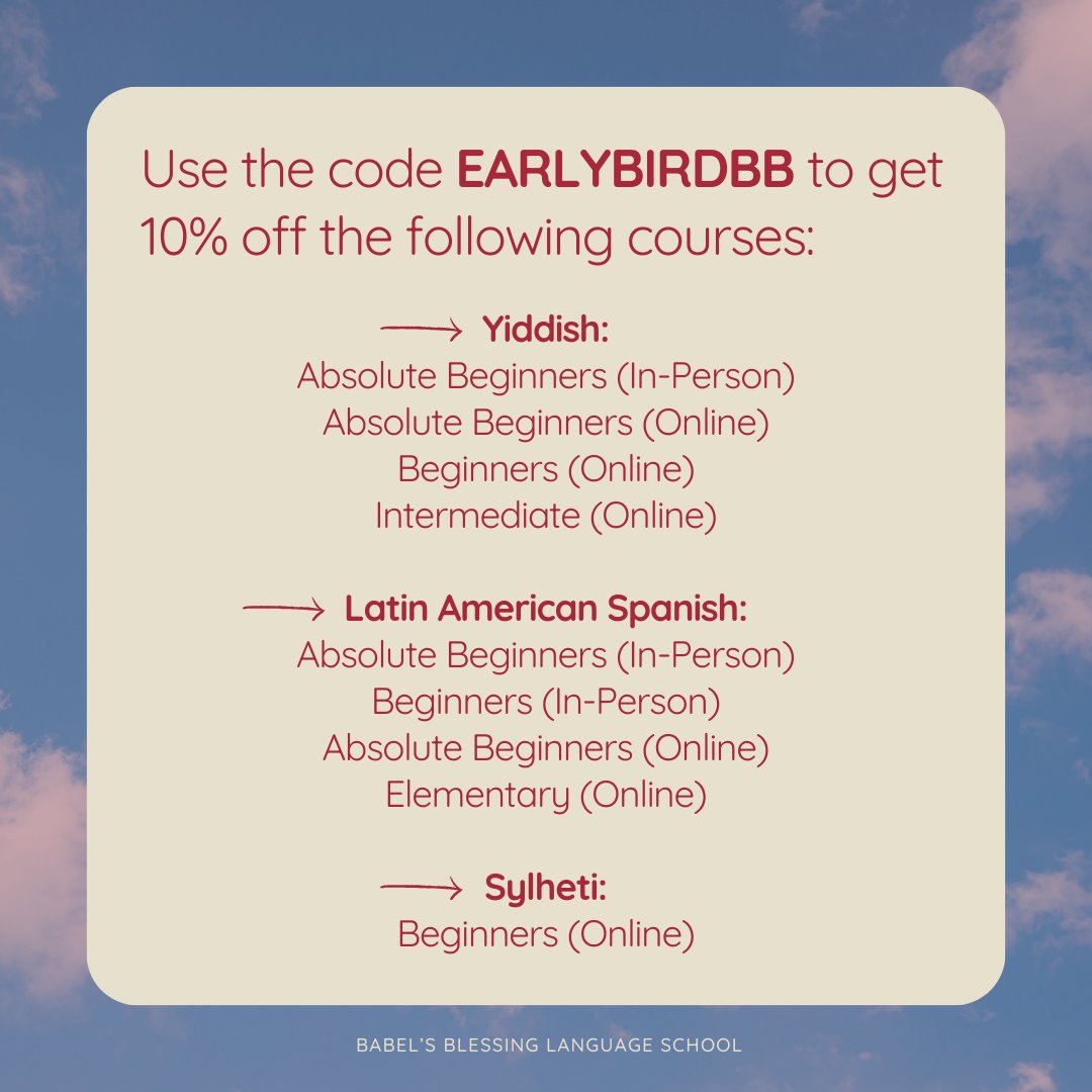 babelsblessing's tweet image. EARLYBIRD DISCOUNT EXTENDED UNTIL 1ST JAN 2024! (#languagelearning #communitylanguages #yiddish #sylheti #latinamericanspanish)
