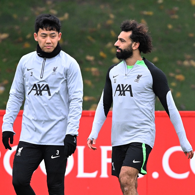 LFC's tweet photo. Wataru Endo and Mo Salah will link up with their nations after our Premier League clash with Newcastle United. 🌍