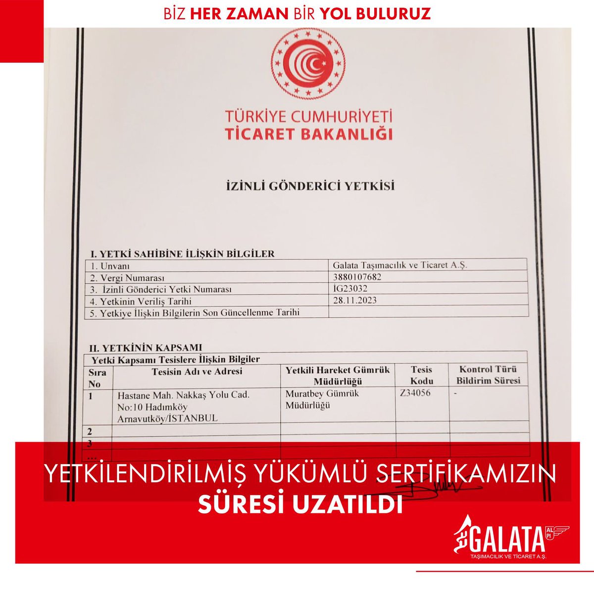 AlpiGalata's tweet photo. TC Ticaret Bakanlığımıza dün gerçekleştirdiğimiz ziyarette, süresi uzatılan ''İzinli Gönderici Yetki Belgesi'', Genel Müdür Yardımcısı Sayın Nevzat Bozkurt tarafından takdim edildi.
#GalataTaşımacılık #Galpi #Lojistik #İzinligöndericiyetkibelgesi #bizherzamanbiryolbuluruz https://t.co/9pIGIGsWuT