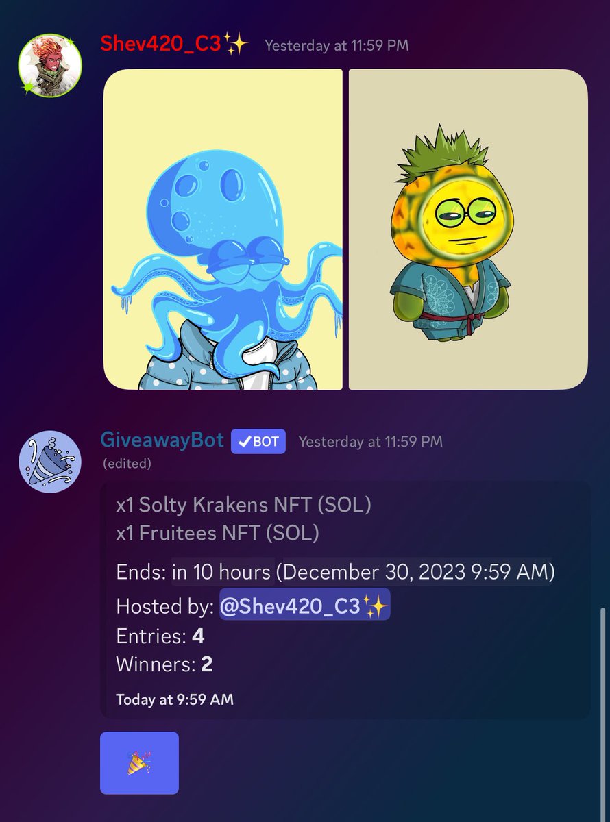 Another giveaway on in our discord 🎁

discord.gg/jJHESG4Waf

Dont forget to try your luck 🫶
@SoltyKrakens 
<a href="/FruiteesNFT/">FRUITEES NFT</a>
