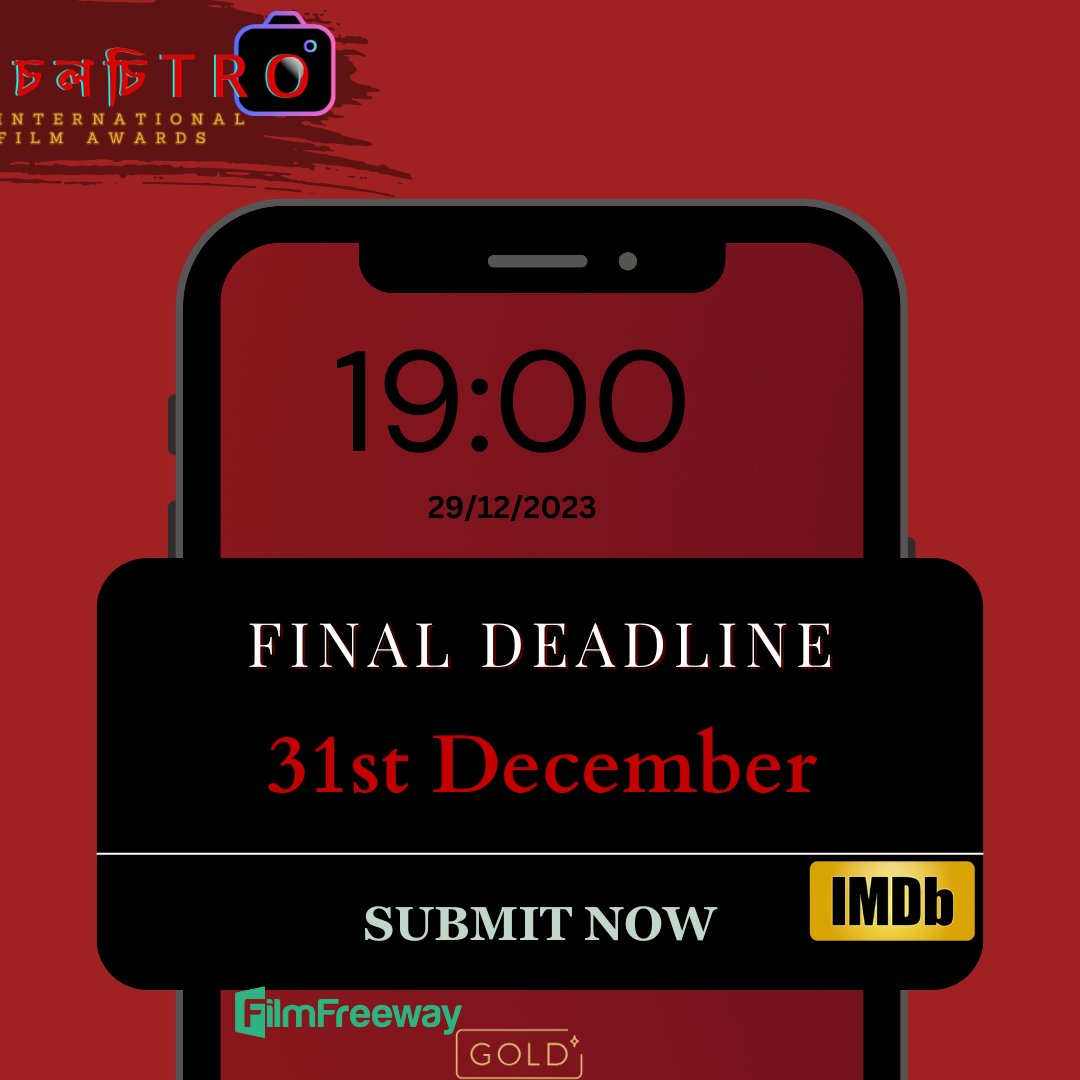 Last call for cinematic magic! Submit your film before the clock strikes 12 on December 31st ✨🎬

 #DeadlineApproaching #FilmSubmission