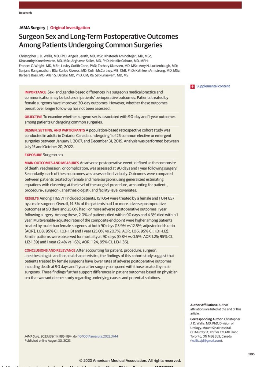Kirsten Bibbins-Domingo (@kbibbinsdomingo) on Twitter photo 🥇Top Viewed in 2023 in JAMA-Surgery <a href="/JAMASurgery/">JAMA Surgery</a>
Surgeon Sex and Long-Term Postoperative Outcomes Among Patients Undergoing Common Surgeries <a href="/WallisCJD/">Christopher Wallis (he/him/his)</a> <a href="/UofT/">University of Toronto</a> <a href="/DrRajSat/">Raj Satkunasivam</a> <a href="/MethodistHosp/">Houston Methodist</a> & colleagues jamanetwork.com/journals/jamas… 🥇Top Viewed in 2023 in JAMA-Surgery <a href="/JAMASurgery/">JAMA Surgery</a>
Surgeon Sex and Long-Term Postoperative Outcomes Among Patients Undergoing Common Surgeries <a href="/WallisCJD/">Christopher Wallis (he/him/his)</a> <a href="/UofT/">University of Toronto</a> <a href="/DrRajSat/">Raj Satkunasivam</a> <a href="/MethodistHosp/">Houston Methodist</a> & colleagues jamanetwork.com/journals/jamas…