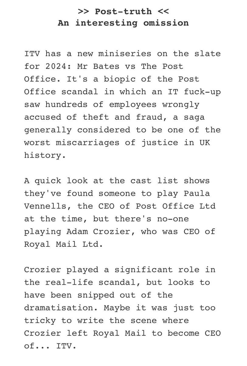 An interesting point about that new ITV drama, Mr Bates vs The Post Office, courtesy of Popbitch… #ThisMorning