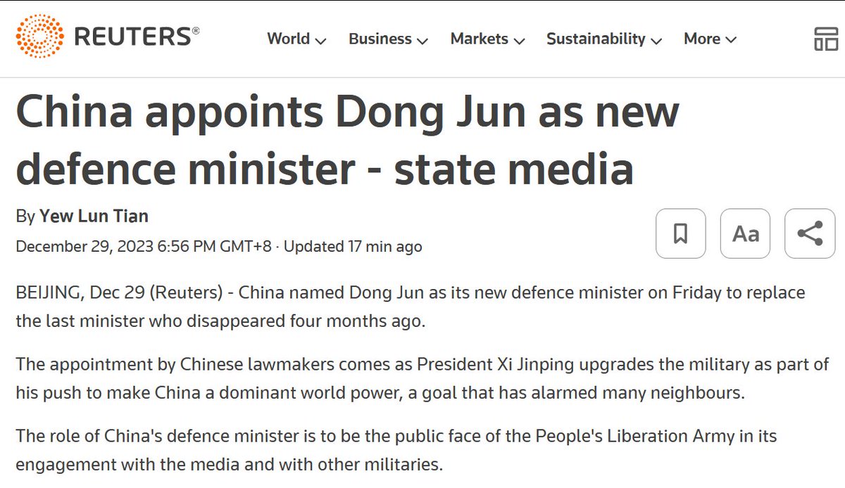 China has just appointed a new Defense Minister at Friday 6:40pm -- Navy Admiral Dong Jun, 62. Quick thoughts on possible significance for China's strategic focus, personnel tradition, and military's anti-corruption reshuffling. /1